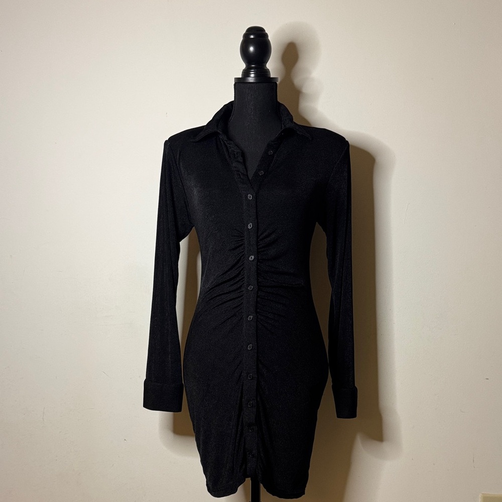 MABLE Black Ruched Button Down Shirt Dress Women’s M - Picture 2 of 7